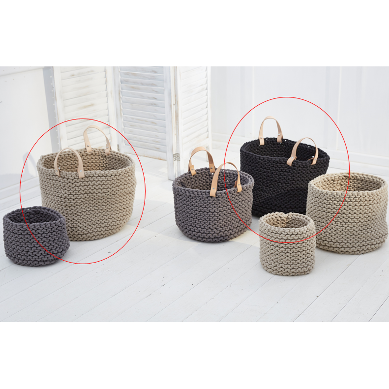 Knitting basket with leather handle - 40cm x 40cm x 40cm - round