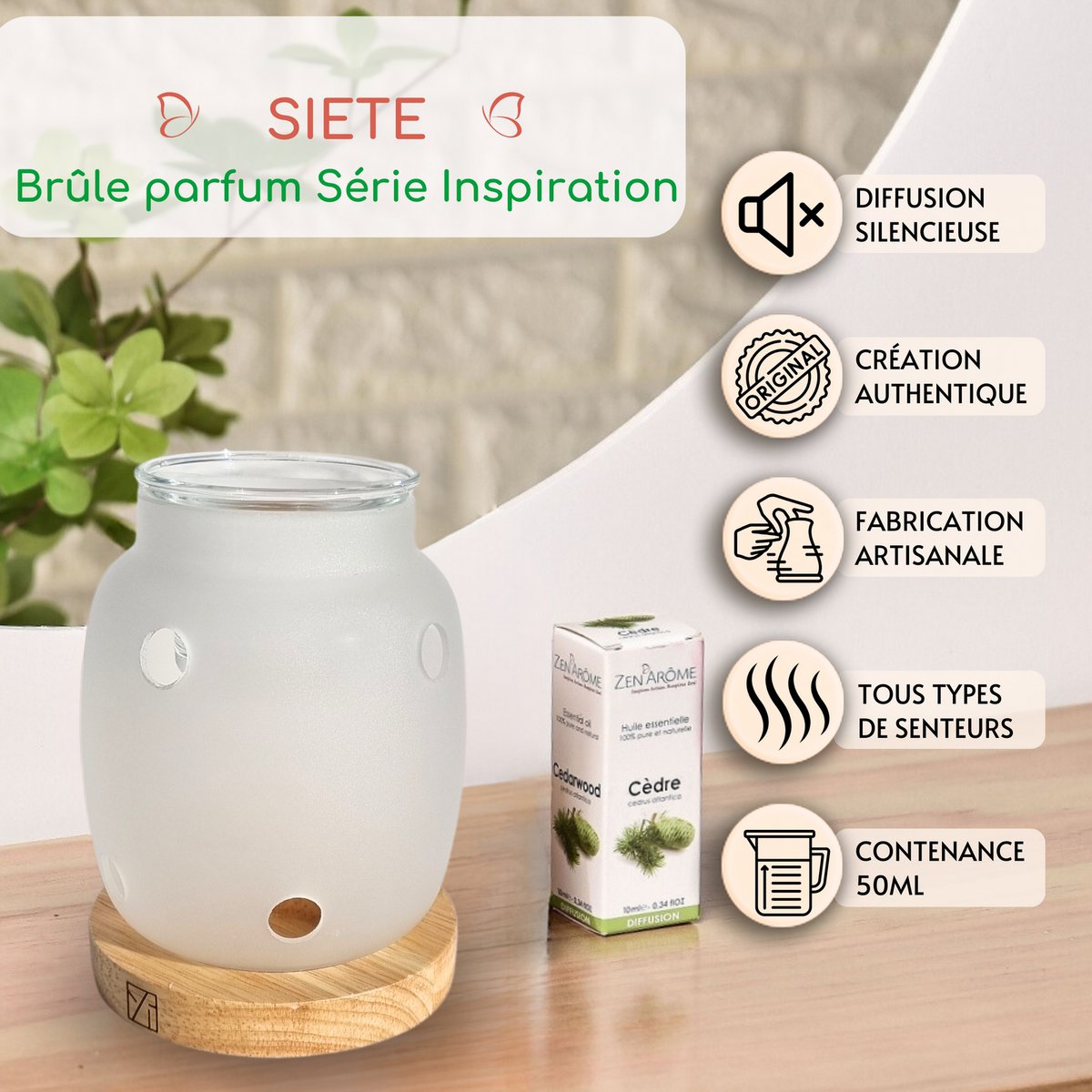 Parfumebrænder Inspiration Series – Siete – Æteriske olier, fondanter, duftvoks – Træ og glas fyrfadsstage – Gaveidé