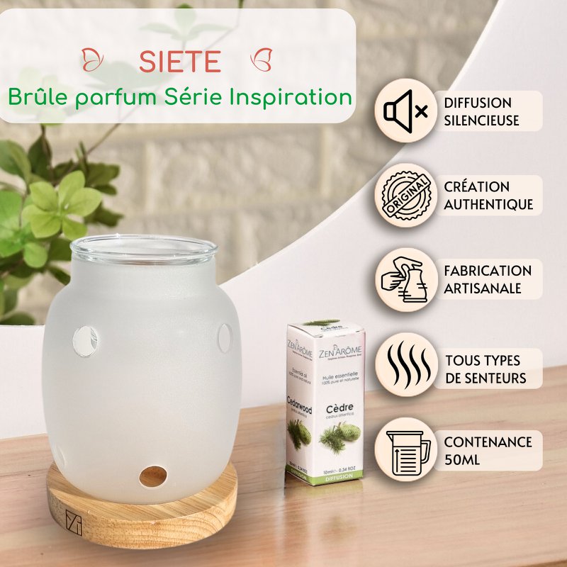 Parfumebrænder Inspiration Series – Siete – Æteriske olier, fondanter, duftvoks – Træ og glas fyrfadsstage – Gaveidé