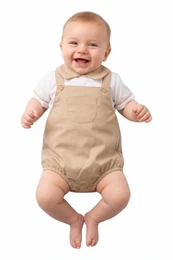 Camel beige baby boy short dungarees romper with white shirt and bow tie, infant outfit.