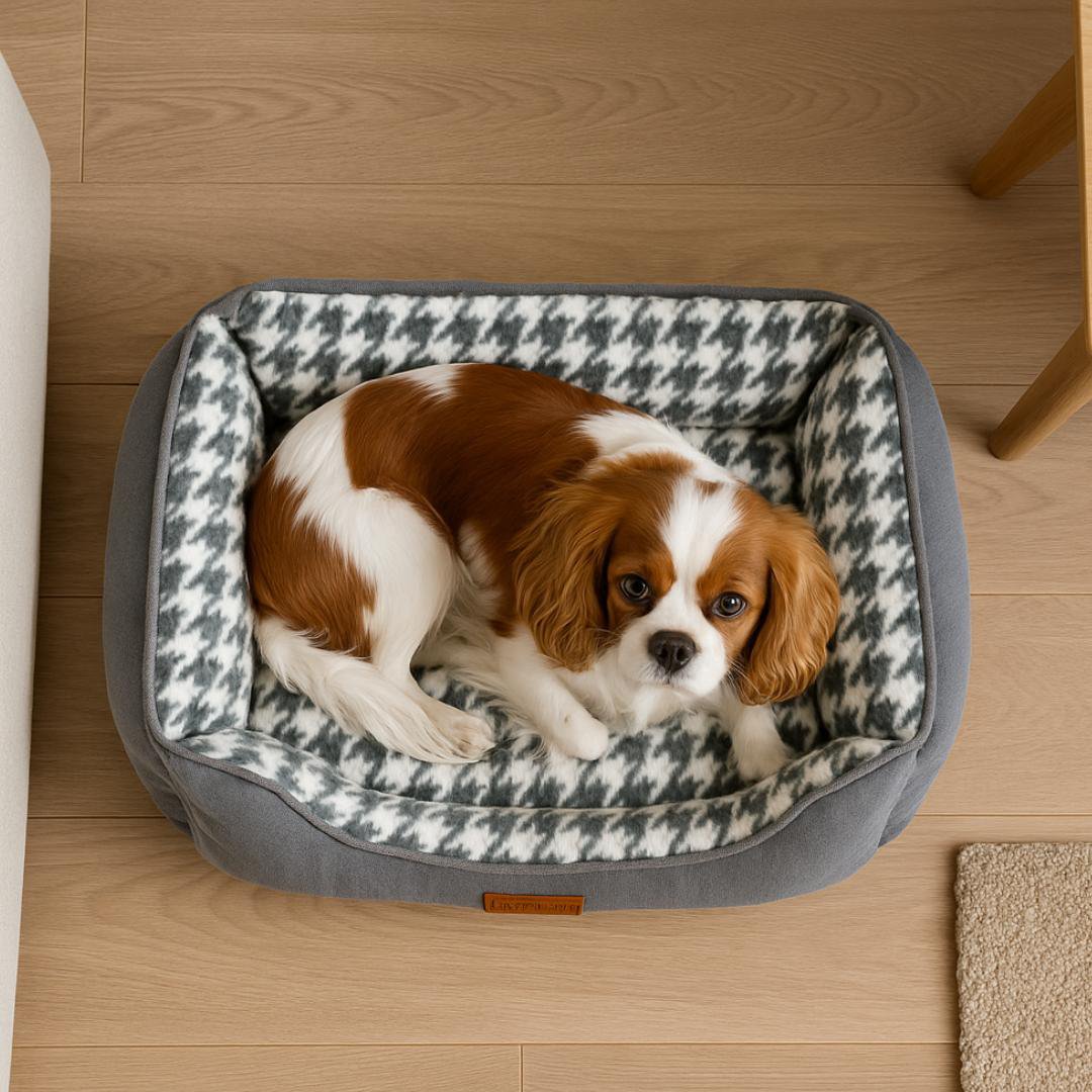 Yommy Haustierbett | Elegantes Hahnentritt-Design | Weiches und warmes Bett mit rutschfester Unterseite | Erhältlich in 3 Größen S/M/L und den Farben Grau, Blau und Schwarz | Ideal für Hunde und Katzen, bequem, langlebig und perfekt für den Winter