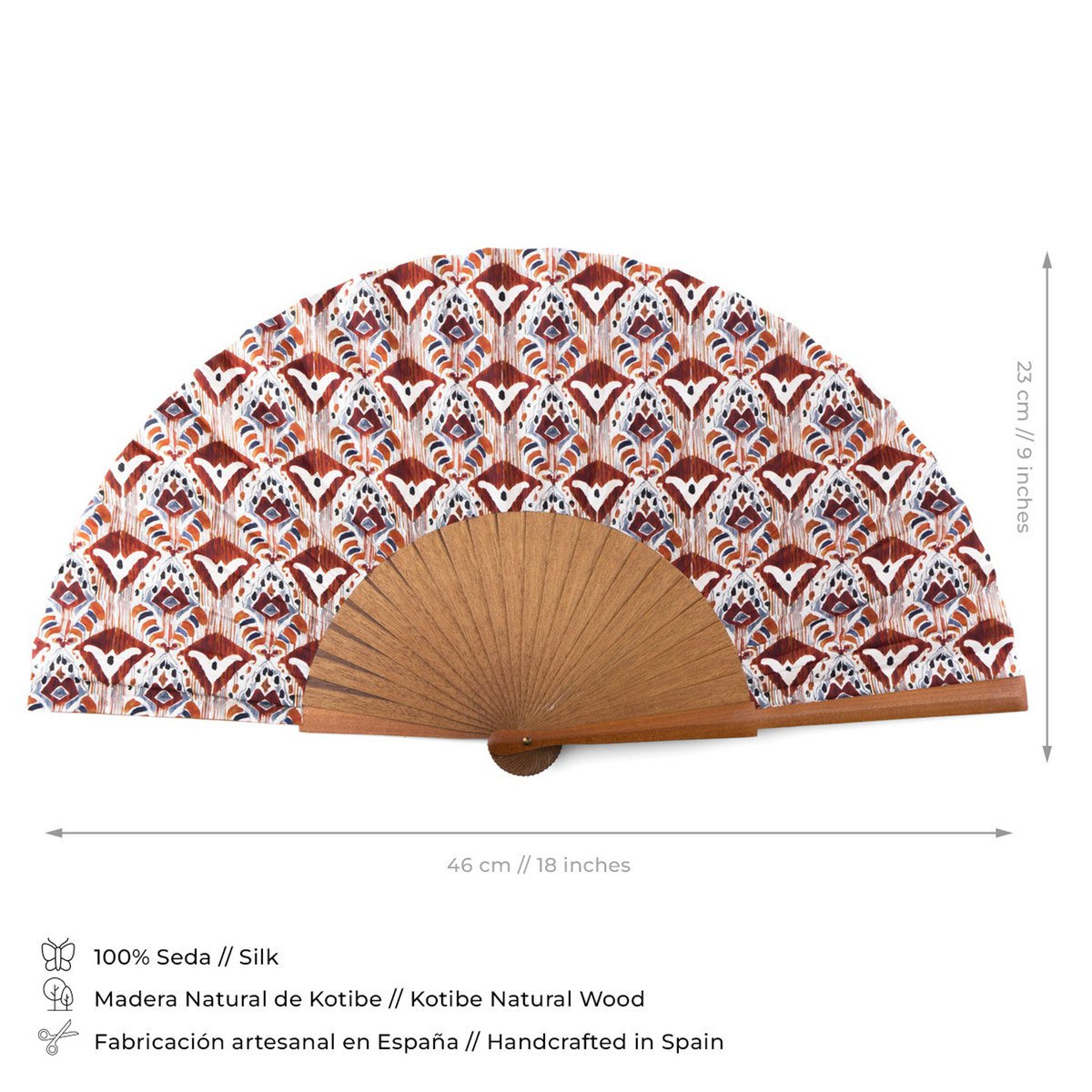 Ikat-inspiriertes Seidenlüfter-handgefertigt in Spanien mit Bocapi Wood