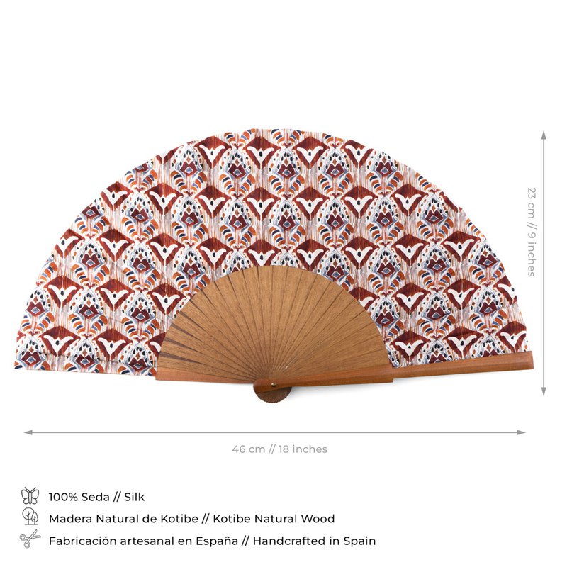 Ikat-inspiriertes Seidenlüfter-handgefertigt in Spanien mit Bocapi Wood