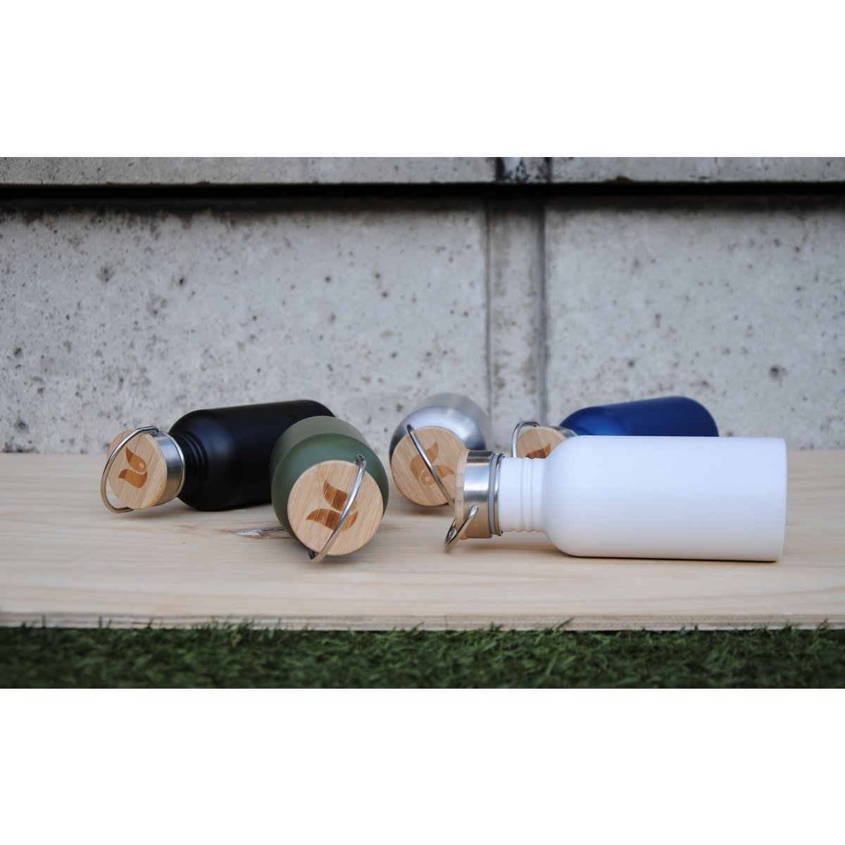RVS drinkfles bamboe dop 500 ml steel Green