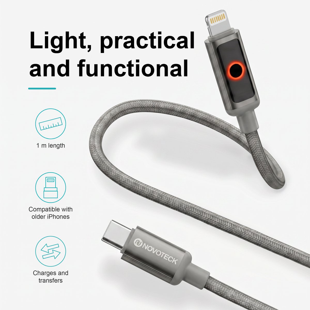 Cable NOVOTECK S-144 USB-C a Lightning: carga rápida de 30 W, 1 m, indicador LED y transferencia de datos
