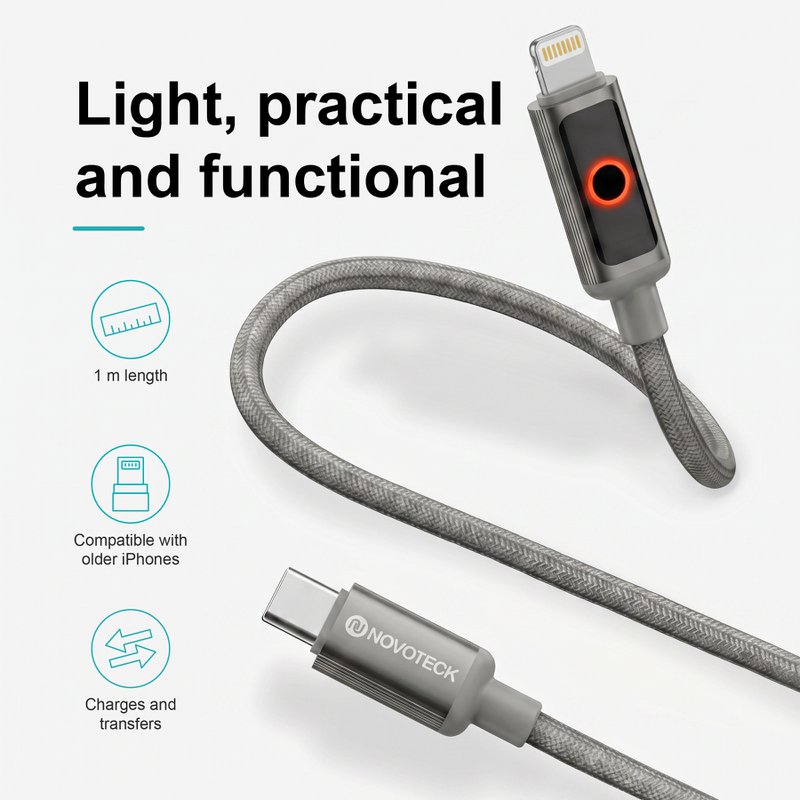 Cable NOVOTECK S-144 USB-C a Lightning: carga rápida de 30 W, 1 m, indicador LED y transferencia de datos