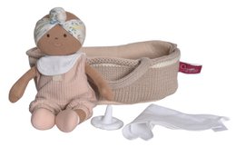 Soft, knitted baby carrier with a doll. Includes a baby doll, blanket, and accessories in neutral colors.