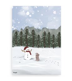 A Christmas card featuring a snowman and a bunny in a snowy forest landscape with pine trees and falling snow.