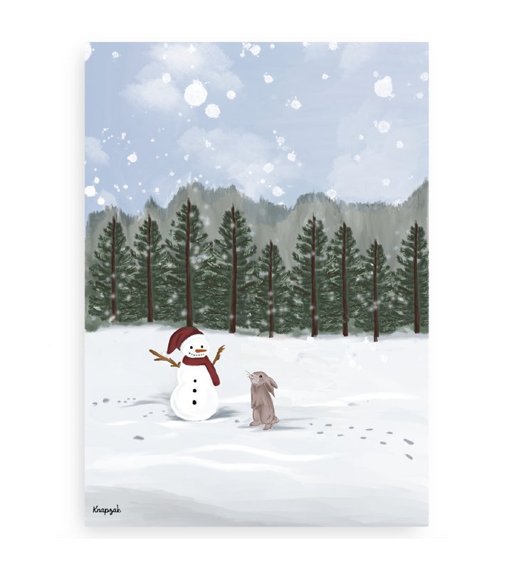 Kerstkaart sneeuwpop met konijntje