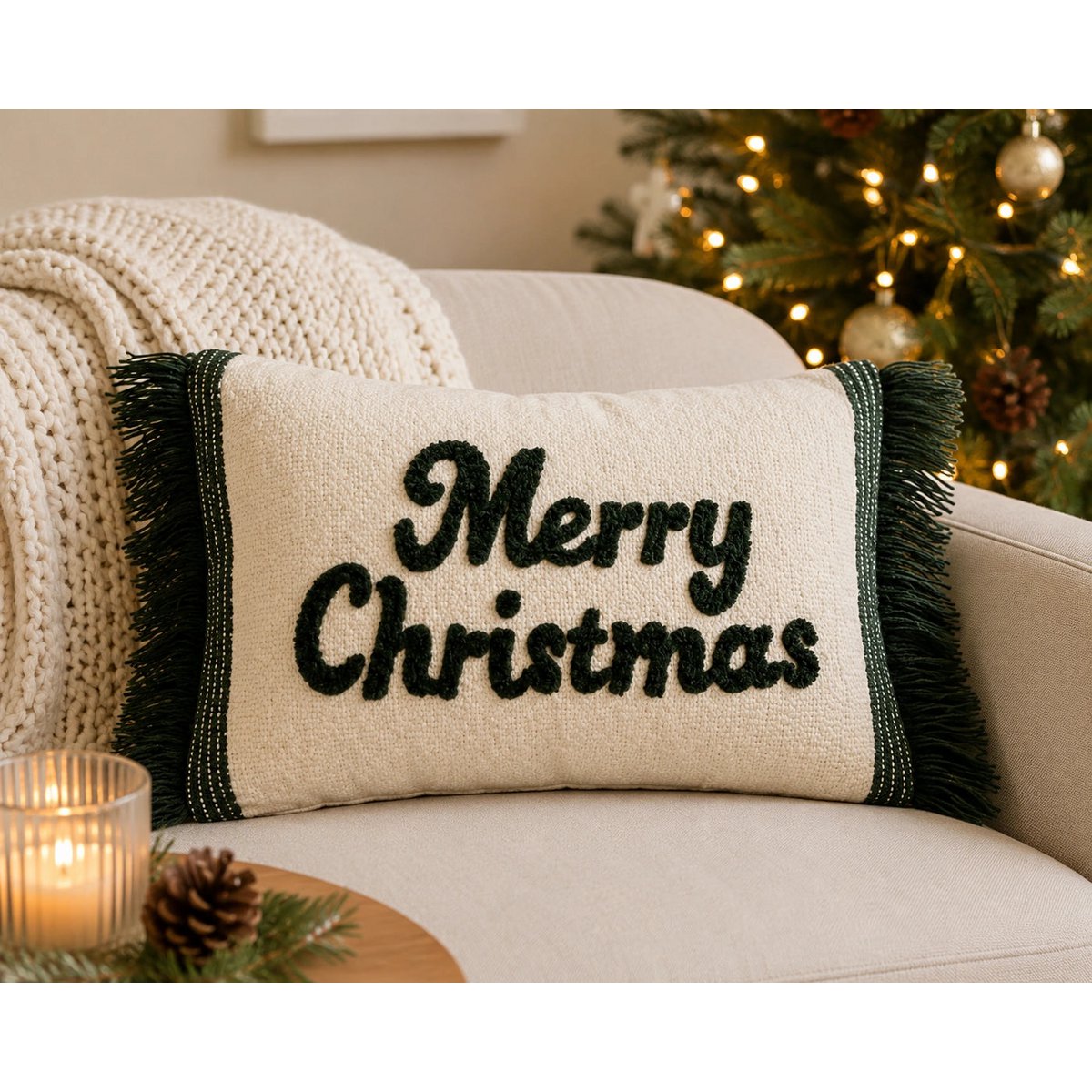 Green & Creme Merry Christmas – Funda de cojín / Kussenhoes – Navidad 35×50 cm con flecos – Urbane Hide