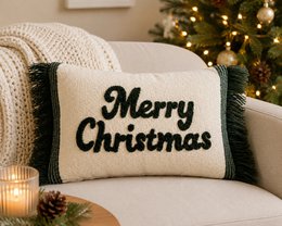 Green & Creme Merry Christmas – Funda de cojín / Kussenhoes – Navidad 35×50 cm con flecos – Urbane Hide