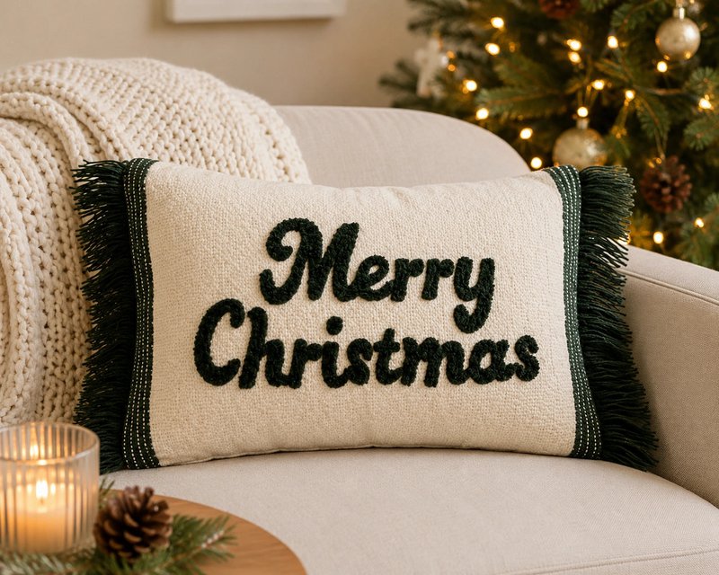 Green & Creme Merry Christmas – Funda de cojín / Kussenhoes – Navidad 35×50 cm con flecos – Urbane Hide