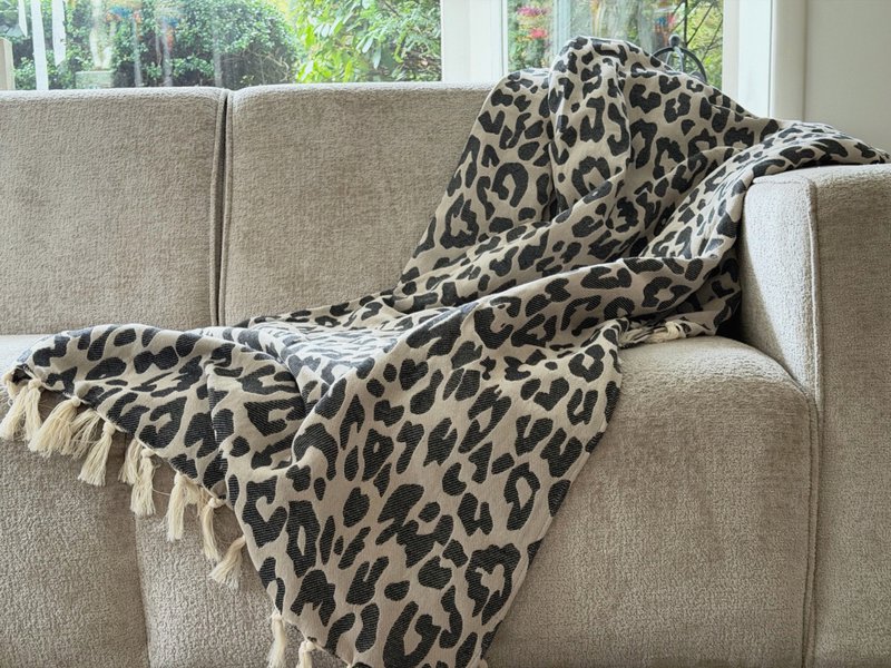 Karierter Überwurf Leopard – Taupe Schwarz – 150 x 250 cm