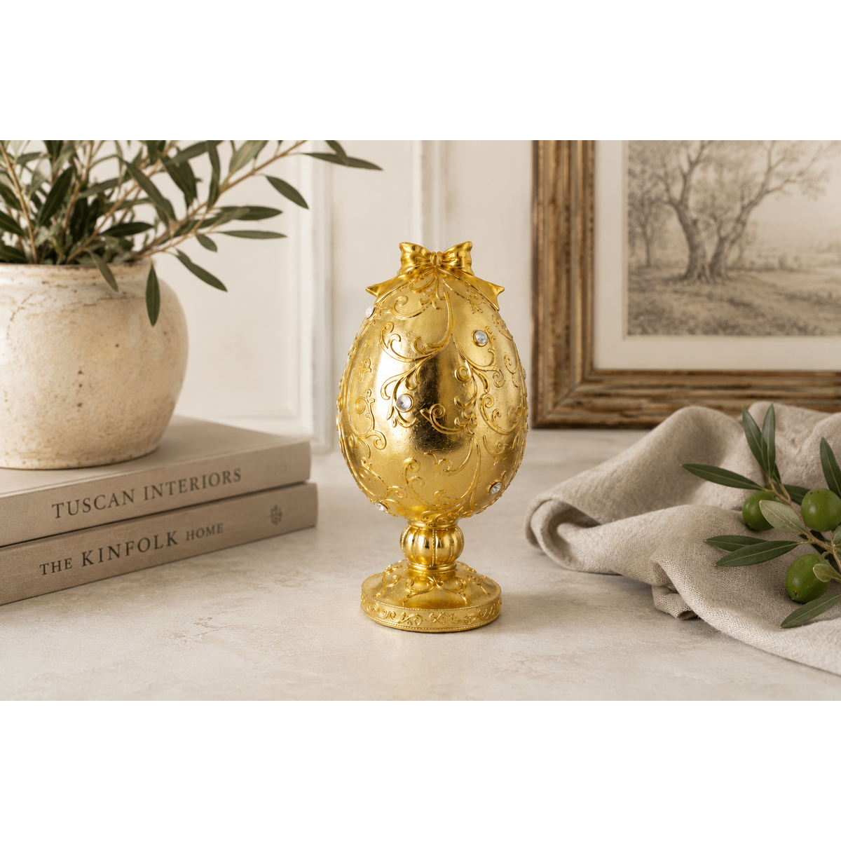 Gold resin decorative egg with rhinestones H30 D15