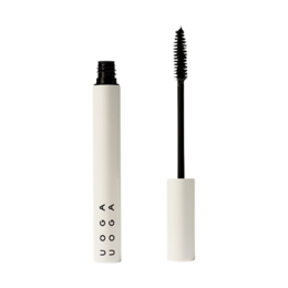 Volumising black mascara in a white tube, designed to add volume and length to lashes.