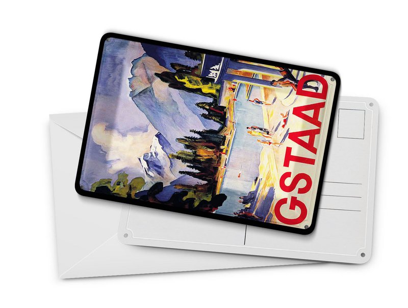 Postal de hojalata de viaje 10x14 cm cartel decorativo de vacaciones en la piscina de Gstaad