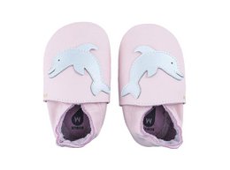 Soft, comfortable baby shoes with a blossom design in pastel pink and blue colors. Suitable for infants and toddlers in sizes L, M, and S.