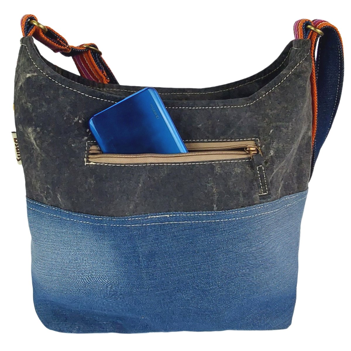 Sunsa schoudertas van upcycled jeans & canvas, vegan damestas