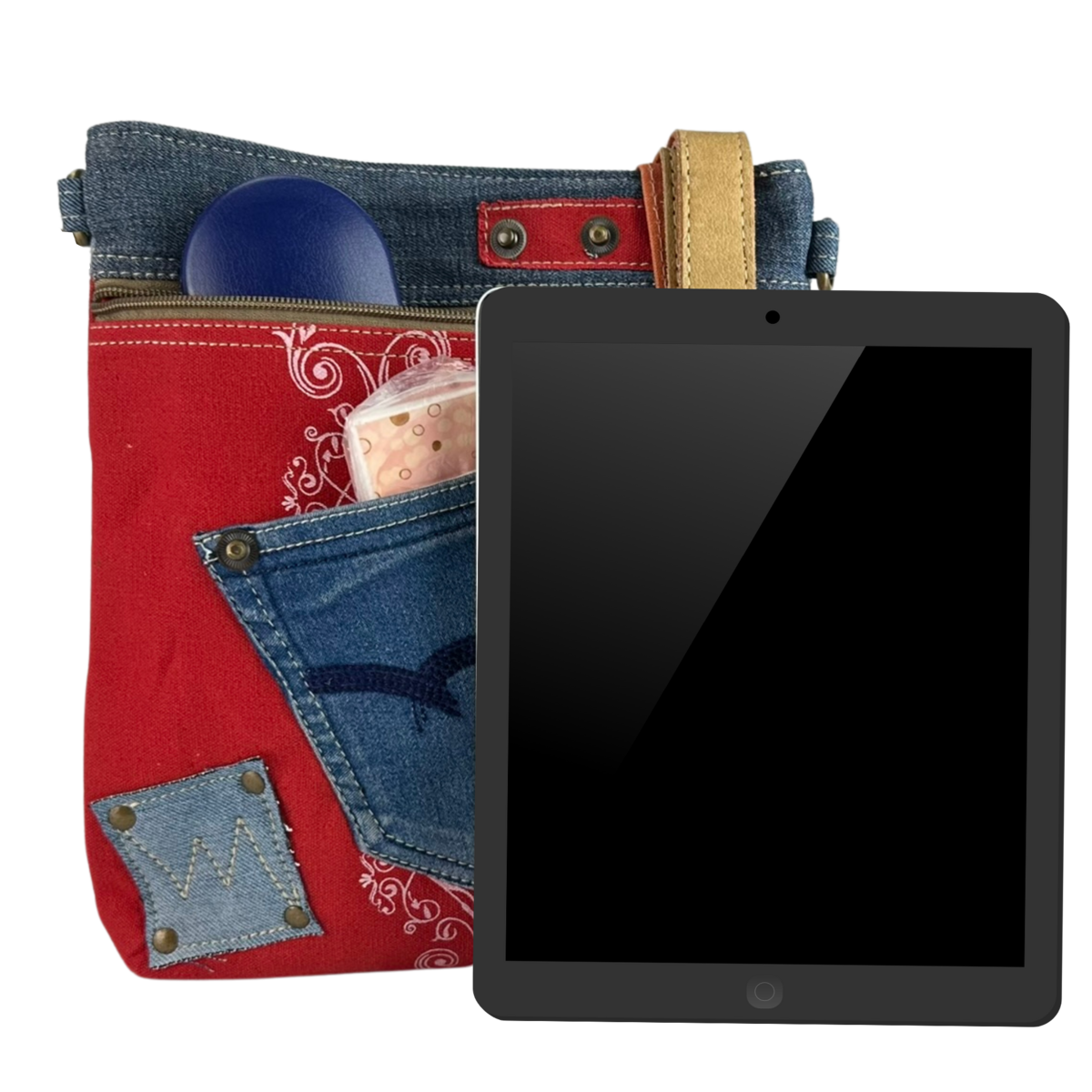 Sunsa dames schoudertas. Schoudertas gemaakt van upcycled jeans en canvas. Handtas vintage retro-stijl. Crossbodytas voor dames.
