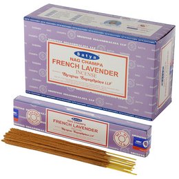 Satya French Lavender Nag Champa Incense Sticks, a fragrant and calming incense product with a lavender scent.