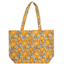 A large, reusable shopping bag featuring a vibrant sunflower print in shades of yellow and orange. The bag has sturdy handles and a roomy interior, making it perfect for carrying groceries, books, or other everyday items.