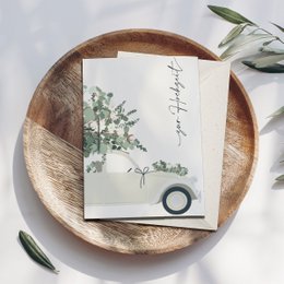 Folding card 'for the wedding' with cream-colored car and eucalyptus, including envelope