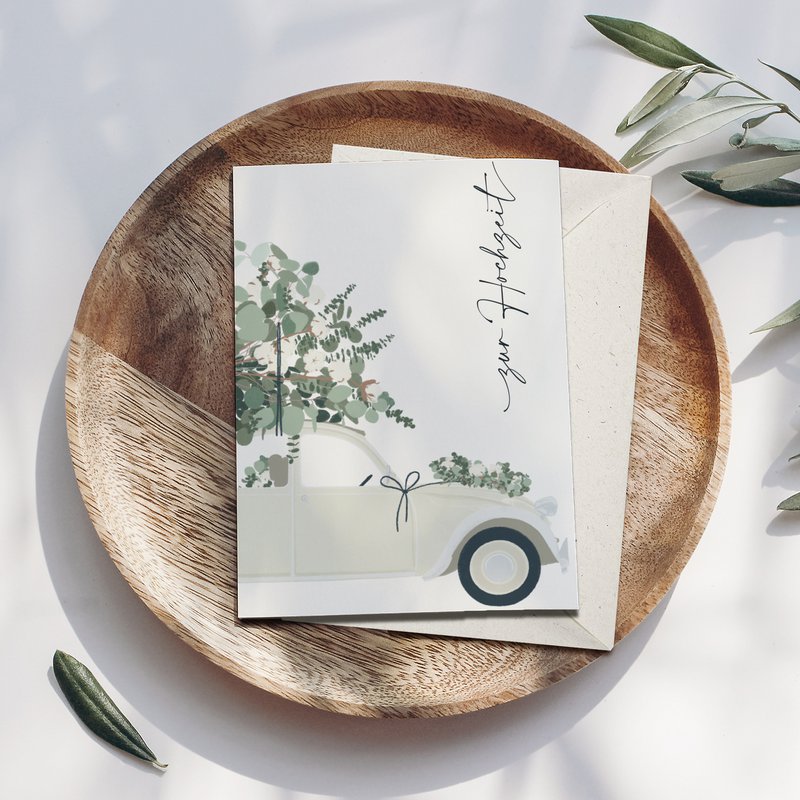 Folding card 'for the wedding' with cream-colored car and eucalyptus, including envelope