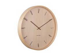 Wooden wall clock, round shape, natural beige wood finish, minimalist design, Roman numerals, modern home decor.