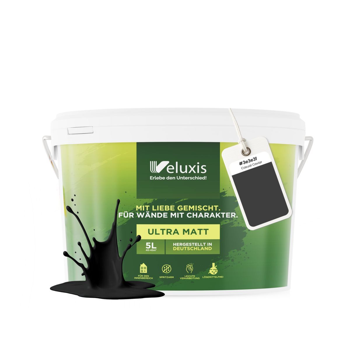 Veluxis® Wandfarbe Schwarz für den Innenraum - 5 Liter & Deckkraft-Klasse 1, Streifenfrei, tropfarm & Öko Farbe, VOC-frei - (Casual Caviar)
