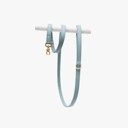 Light blue dog leash with brass hardware, available in 1.5 cm and 2.0 cm widths, 170 cm long including handle.