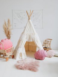 Set „Shabby Chic“ Tipi mit Rüschen und Blättermatte „Weiß“.