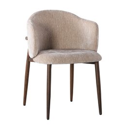Tan upholstered dining chair with curved back, wooden legs, modern mid-century style seating