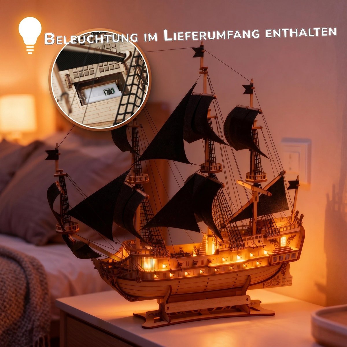 Galeone aus Holz mit LED-Beleuchtung – 3D-Holzpuzzle 583 Teile, Schiffsmodell mit Segeln und Takelage, Modellbausatz ab 12