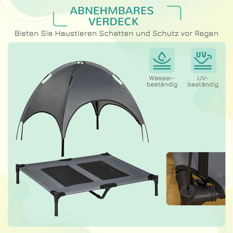 Elevated Dog Bed with Canopy, Pet Bed, Outdoor Dog Lounger with Roof, Breathable, Taffeta Fabric for Camping Gray 92 x 76 x 90 cm