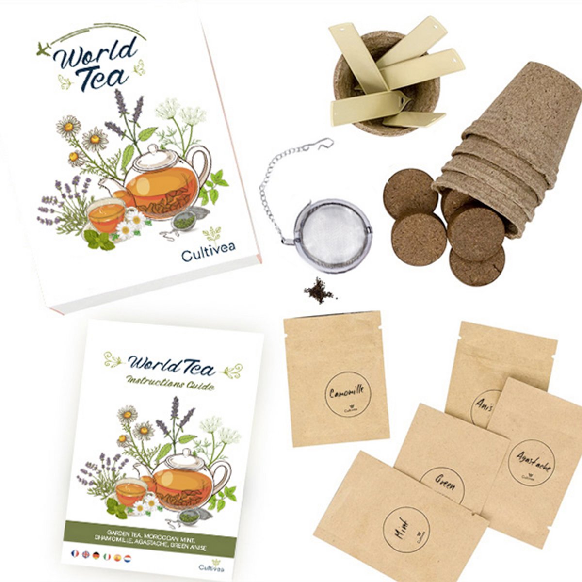 CULTIVEA® Mini Kit Ready to Grow World Teas - 100% organic seeds - Garden and enjoy - Gift idea (Garden tea, mint, chamomile, agastache, green anise)