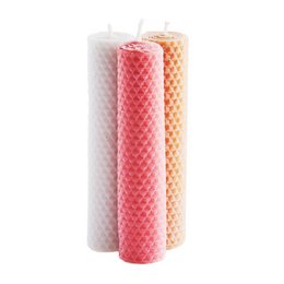Beeswax candles in red and yellow colors, with a textured diamond pattern design. These natural, eco-friendly candles are perfect for home decor, creating a warm, cozy ambiance.