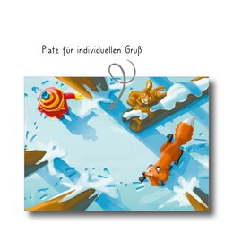 Colorful winter forest scene with cartoon animals on a postcard. Includes a red and yellow fish, a brown bear, and snow-covered trees against a blue sky background. Text on the postcard reads "Frohe Weihnachten" which means "Merry Christmas" in German.