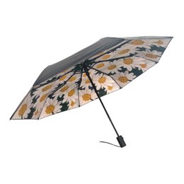 Windproof umbrella with white daisy flower pattern, yellow centers, black stems, compact folding design.