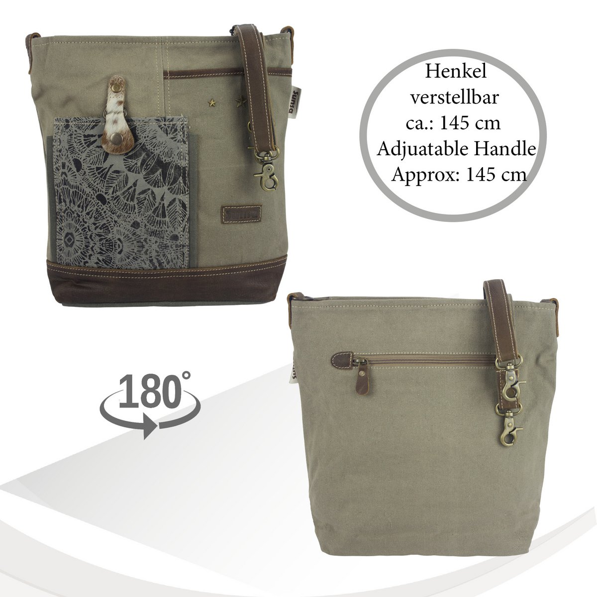 Sunsa dames schoudertas. Handtas gemaakt van canvas en leer. Schoudertas in vintagestijl. Grote kaki crossbodytas voor dames met mandala print