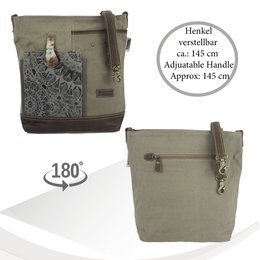 Sunsa dames schoudertas. Handtas gemaakt van canvas en leer. Schoudertas in vintagestijl. Grote kaki crossbodytas voor dames met mandala print