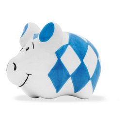 Ceramic figurine of a white and blue pig with a diamond pattern design. The pig has a magnet attached to the back and measures approximately 4x3x4cm.