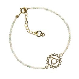 Gold-toned charm bracelet with white beads and a throat chakra symbol charm.