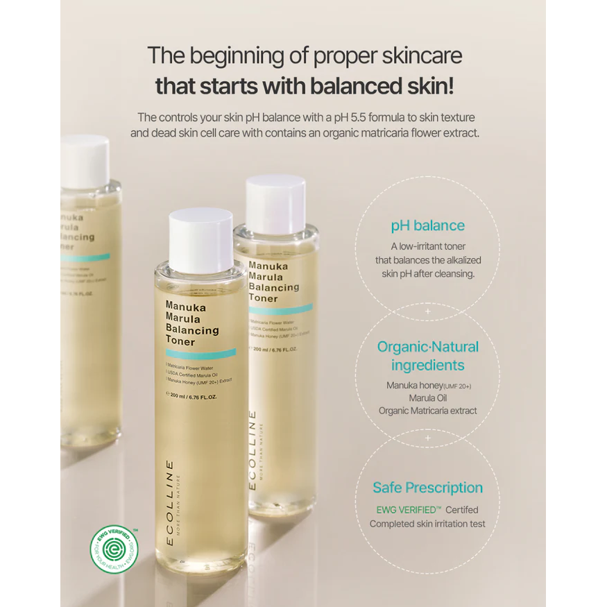 ECOLLINE Clean Beauty Dermocosmetische Balancing Toner | Barrièreherstel en microbioomondersteuning met Manuka Honing + & Marula Olie | KOREAANSE Huidverzorging