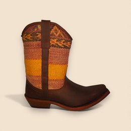  Brown suede cowboy boots with orange yellow knit patterned calf, western style heel