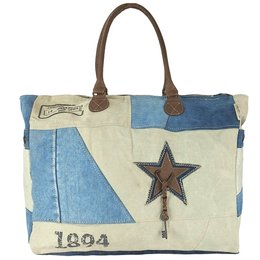 Bolso de fin de semana vintage Sunsa. Bolso de baño/bolsa de deporte shopper XXL.Bolso de lona y jeans reciclados. Bolso de hombro sostenible