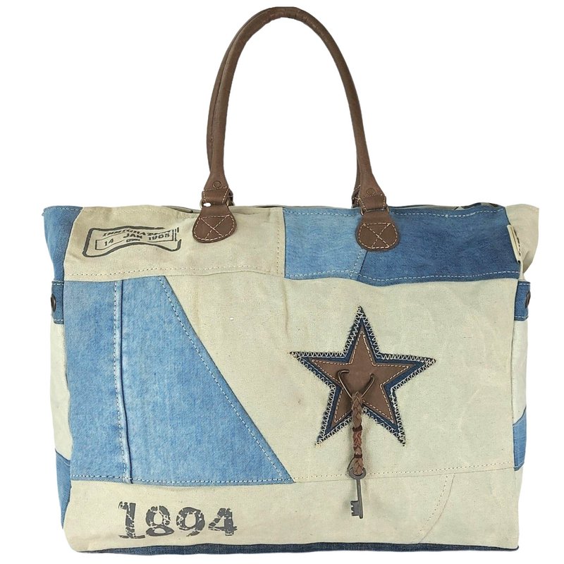 Bolso de fin de semana vintage Sunsa. Bolso de baño/bolsa de deporte shopper XXL.Bolso de lona y jeans reciclados. Bolso de hombro sostenible