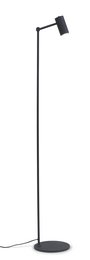 A tall, black metal floor lamp with an adjustable arm and a square lamp shade. The lamp has a minimalist, modern design and would complement a variety of interior styles.