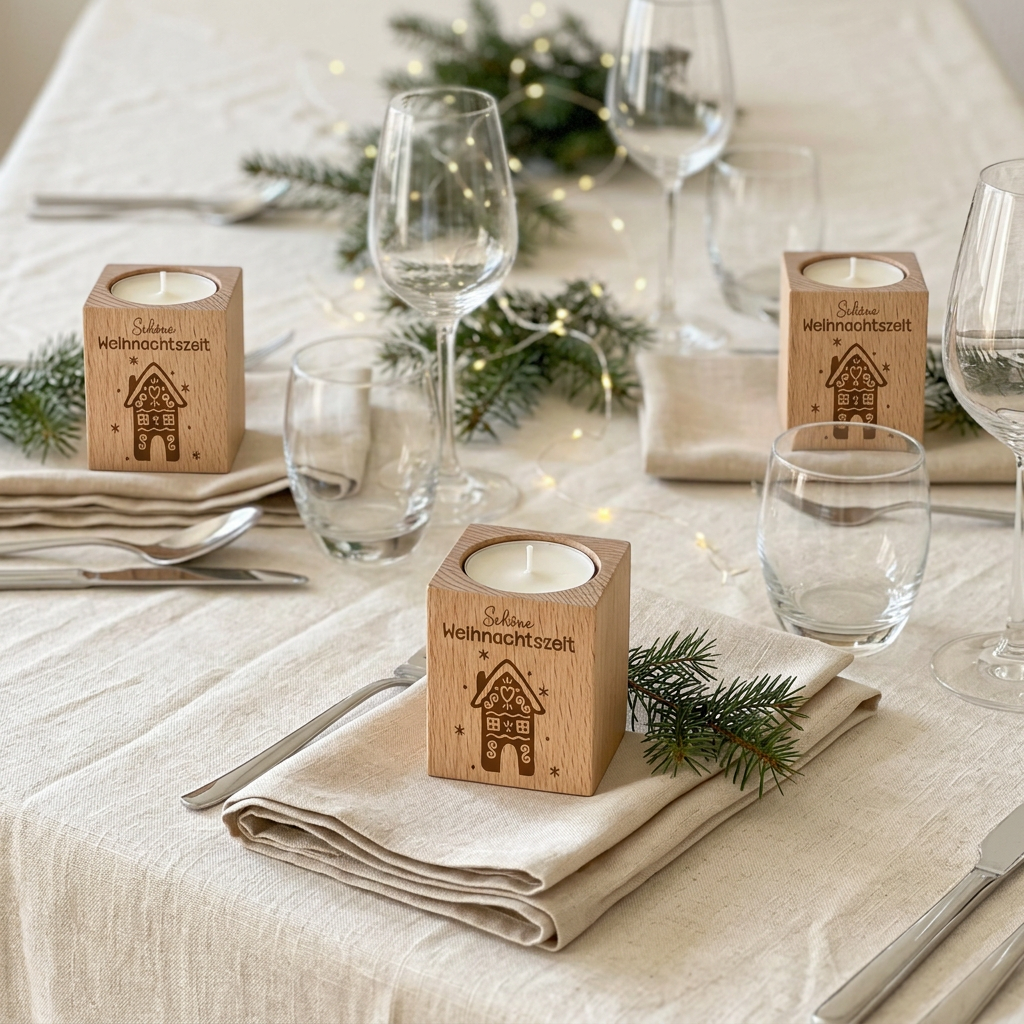 Teelichthalter Holz „Schöne Weihnachtszeit“ – Gastgeschenk & Weihnachtsgeschenk für Mitarbeiter | inkl. Teelicht