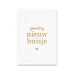 Gold foil map-themed birthday card with the Dutch text "Prachtig nieuw huisje" meaning "Beautiful new home".