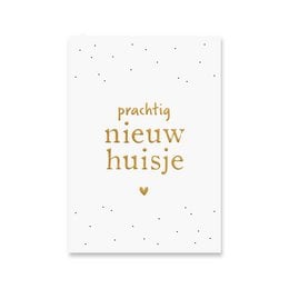 Gold foil map-themed birthday card with the Dutch text "Prachtig nieuw huisje" meaning "Beautiful new home".